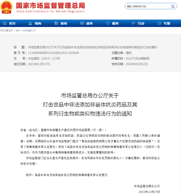 市場(chǎng)監(jiān)管總局：打擊食品中非法添加非甾體抗炎藥品及其系列衍生物或類(lèi)似物違法行為